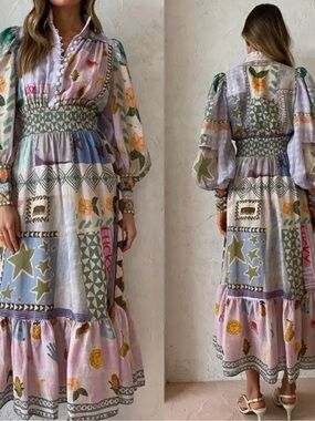 Boho Patchwork Midi Dress in Pastel Multi